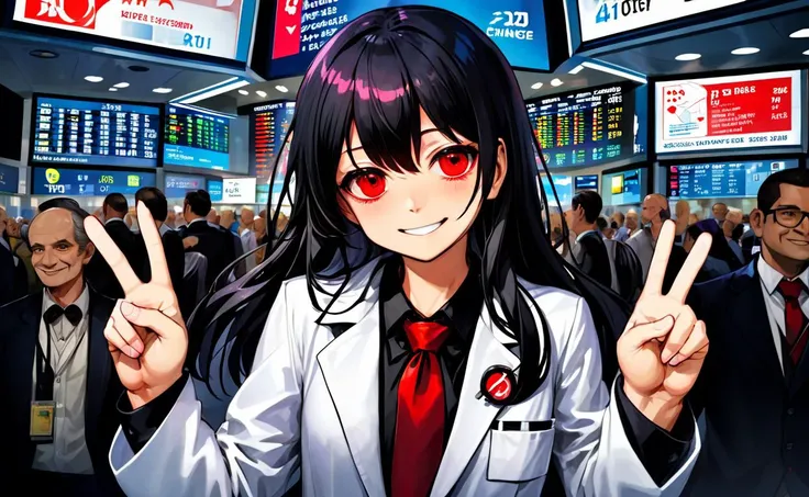 (masterpiece, best quality), 2d, anime, smiling girl, (Stock Exchanges:1.4), Lab coat, id card necklace, black shirt and red tie, (Uptick Charts:1.2), black long hair, peace sign, huge crowd, Bloodshot eyes