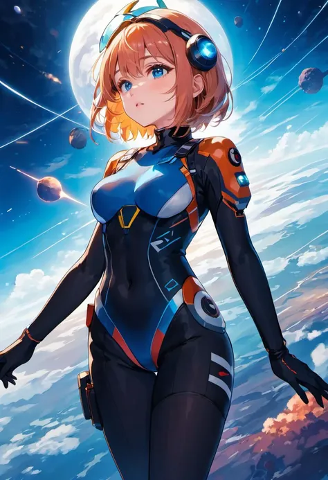 anime, (masterpiece, top quality, best quality, official art, beautiful and aesthetic:1.2),
1girl, bodysuit, pilot suit, blue eyes,
solo, standing, pixiv, depth of field, sunset, cinematic composition, best lighting, looking up, (vibrant colors:0.5),
planet, meteor, explosion, highest detailed