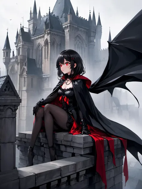 anime, (masterpiece, top quality, best quality, official art, beautiful and aesthetic:1.2), (1girl), upper body, extreme detailed, red eyes, black cape, sitting at edge of a gothic castle, gothic architecture, roof of gothic architecture, dark hair, Misty night, black ribbons, foggy night, shoulder length hair, dynamic pose