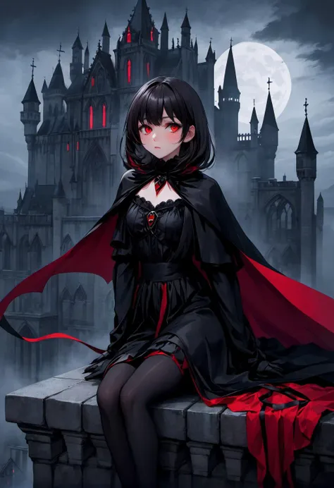 (masterpiece:1.2), (best quality, highest quality), glowing red eyes, horror \(theme\), 1girl, black cape, sitting at edge of a gothic castle, gothic architecture, roof of gothic architecture, dark hair, Misty night, black ribbons, foggy night ,shoulder length hair, dynamic pose