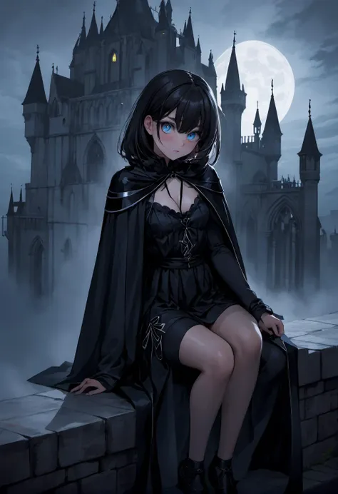 glowing eyes, extra eyes, horror \(theme\), 1girl, black cape, sitting at edge of a gothic castle, gothic architecture, roof of gothic architecture, dark hair, Misty night, black ribbons, foggy night ,shoulder length hair, dynamic pose