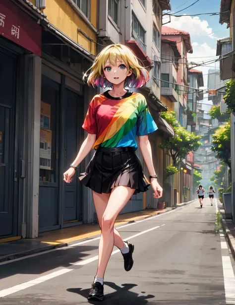 masterpiece, best quality, absurdres, cute, 1girl, running down a city street wearing a rainbow shirt and black pencil skirt, anime