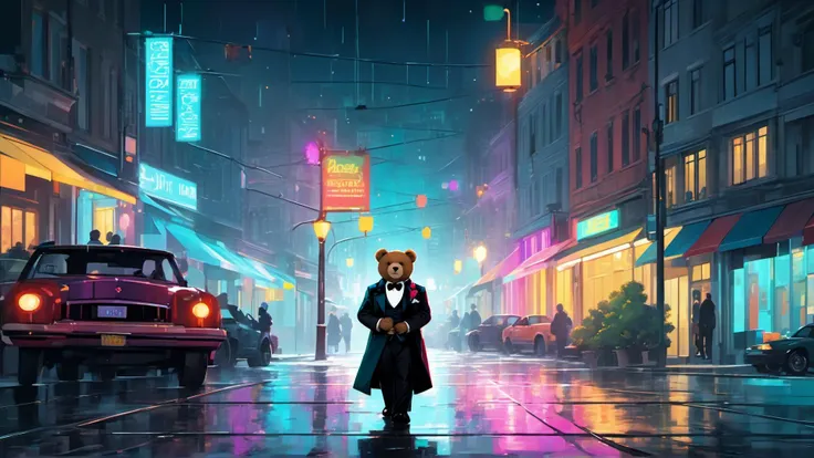 teddy bear walking in a city, night, raining, (style of Petros Afshar), very colorful, wearing a tuxedo, very cool, gun in its hand
