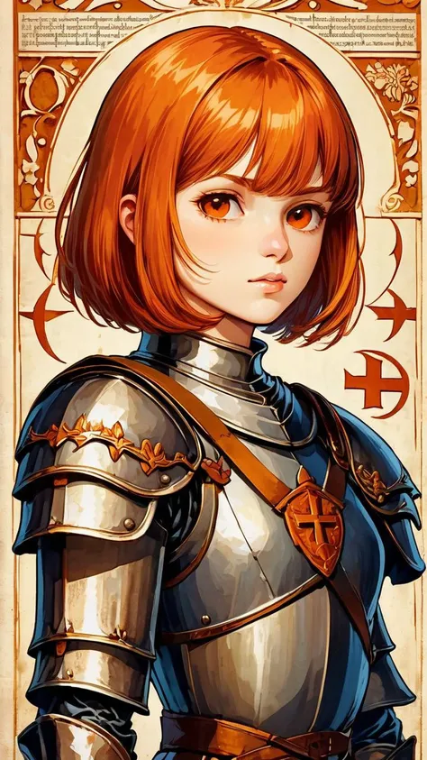 (((best quality))), (((ultra detailed))), (((masterpiece))), 1girl, illustration, Bob Cut, Orange hair, lout, confident expression, muscular, Plate Armor, brown eyes, high contrast, Medieval Propaganda poster, Socialist realism, "Der Feind naht, du bist vonnten!" Written in gothic letters, Printed on used paper, medieval manuscript