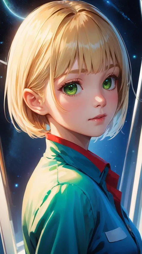 (((best quality))), (((ultra detailed))), (((masterpiece))),(realistic, photo-realistic:1.37), ultra-detailed, professional lighting, photon mapping, radiosity, cinematic lighting, high contrast, 1girl, illustration, Bob Cut, Blonde hair, confident expression, muscular, Green eyes, blue sleeping clothes, bedroom in outer space, photorealistic outer space, standing on a glass wall looking into outer space, shot from behind