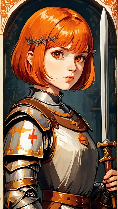 (((best quality))), (((ultra detailed))), (((masterpiece))), 1girl, illustration, Bob Cut, Orange hair, lout, confident expression, muscular, Plate Armor, brown eyes, high contrast, Medieval Propaganda poster, Socialist realism, "Der Feind naht, du bist vonnten!" Written in gothic letters, Printed on used paper, medieval manuscript