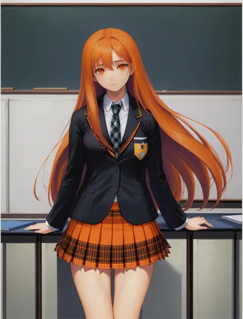 masterpiece, best quality, tony,1girl, solo, orange skirt, black eyes, long hair, orange hair, school uniform, necktie, plaid skirt, plaid, blazer, arms behind back, own hands together, black jacket,<lora:tony_xl_v1:0.9>