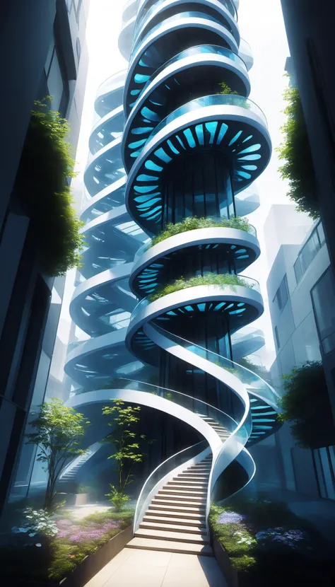 DNA-inspired architecture, asymmetrical platforms, transparent core, inner spiral garden, looping skywalks, fluid curves, avant-garde design, iridescent surfaces, high-contrast shadows, white-dominated palette, varying opacities, frosted glass accents, reflective materials, light diffusing elements,
<lora:anime_style_lora_xl:1> anime_style, anime style, lineart, outline, black outline,