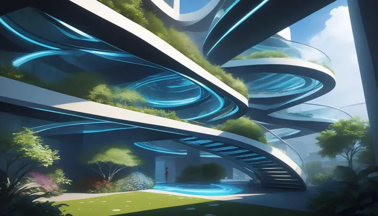 DNA-inspired architecture, no staircases, asymmetrical platforms, transparent core with an inner spiral garden, looping skywalks without stairs, fluid curves, avant-garde design, iridescent surfaces, high-contrast shadows, white-dominated palette, varying opacities, frosted glass accents, reflective materials, light-diffusing elements,
<lora:anime_style_lora_xl:1> anime_style, anime style, lineart, outline, black outline,