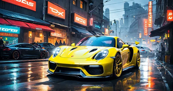 stunning environment, cyberpunk city, Porsche like super car, long exposure, photoshoot, running at high speed, glowing lights, speed sensation, well framed at middle range, neon colored luxury rims, slammed, extreme detail, illegal race car, extreme photorealistic, 8k, Hyper detailed car, perfect soft lighting, great lighting, car photography, fisheye lens, raining, reflection, absurdres, intricate details, best quality, realistic style
