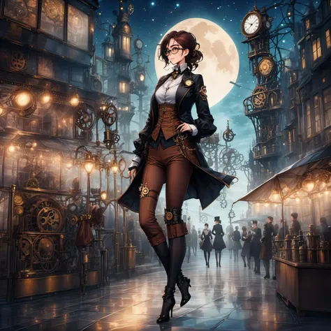 girl walking in a city, people in the background, night sky, anime,(masterpiece, top quality, best quality, official art, beautiful and aesthetic:1.2), (1girl), full body, extreme detailed, colorful, highest detailed, high heels, smiling, long trousers, t-shirt, very detailed face, (steampunk:1.5)