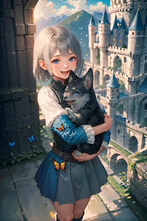 1girl, young_jill, stone castle, fantasy city, stone castle, surreal lighting, holding wolf puppy, smiling, laugh, adorable, cute, happy, blush, (flying butterflies:1.4), looking from above, anime,(masterpiece, top quality, best quality, official art, beautiful and aesthetic:1.2)
<lora:young-jill-xlv3-000008:0.65>