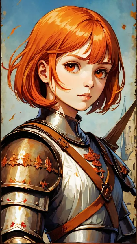 (((best quality))), (((ultra detailed))), (((masterpiece))), 1girl, illustration, Bob Cut, Orange hair, lout, confident expression, muscular, Plate Armor, brown eyes, high contrast, Medieval Propaganda poster, Socialist realism, "Der Feind naht, du bist vonnten!" Written in gothic letters, Printed on used paper, medieval manuscript