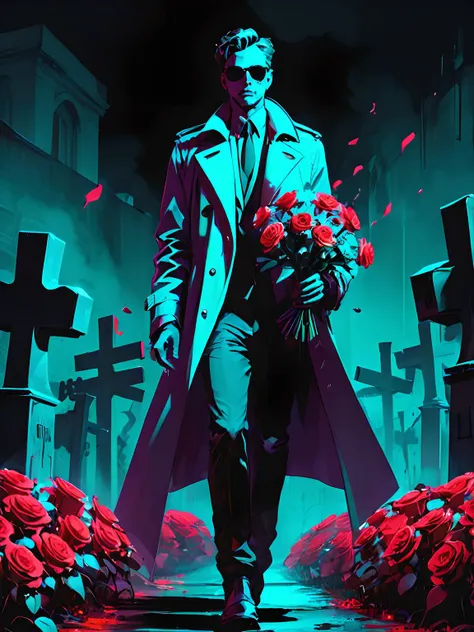 neon color, cyberpunk style, film noir, 1 man wearing trench coat. grave yard. He holds a bouquet of roses in his hand. rough. unfinished.