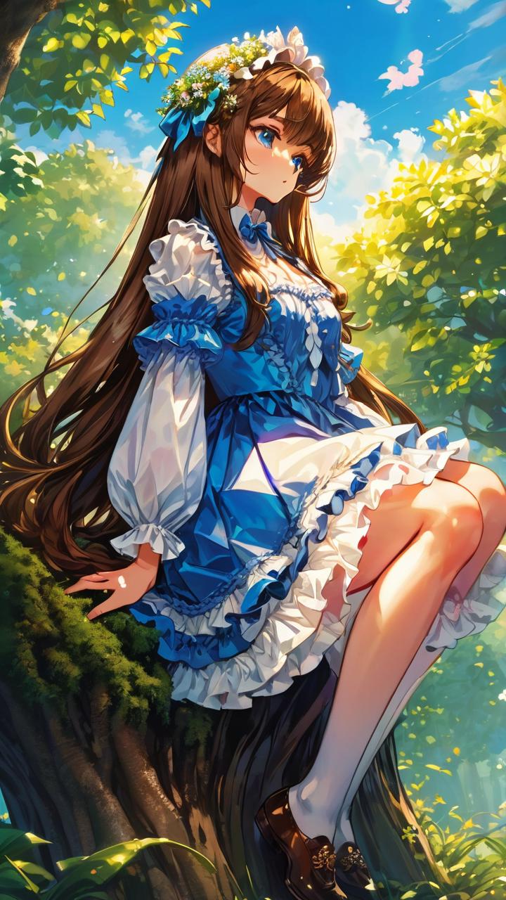 A girl in a blue dress sitting on a tree trunk - SeaArt AI