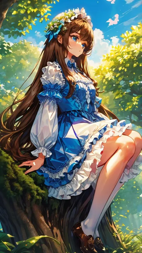 (((best quality))), (((ultra detailed))), (((masterpiece))), illustration, Very long detailed hair, Brown hair, sitting, leaning on a tree next to pound, petite, muscular, royal ta dress, Frilly dress, clear blue eyes,
low depth of field, sunshine, colorful, high contrast, sunrays