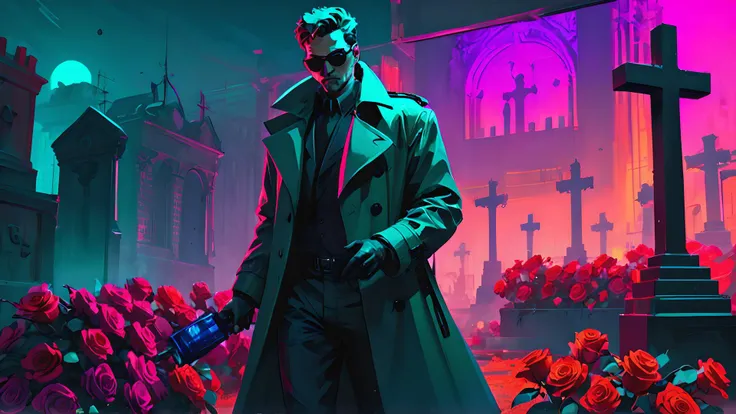neon color, cyberpunk style, film noir, 1 man wearing trench coat. grave yard. He holds a bouquet of roses in his hand. rough. unfinished.