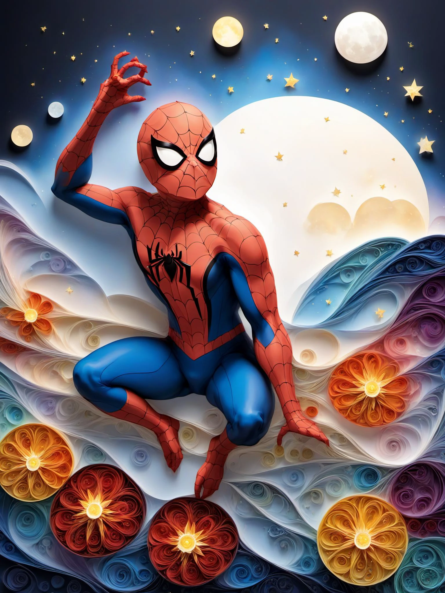(masterpiece:1.2),(best quality:1.2),(ultra detailed:1.2),(official art:1.3),(beauty and aesthetics:0.9),detailed,(intricate:0.7),(highly detailed),(solo),
<lora:sdxl_yanzhi:1>,yanzhi,paper quilling,meteor shower,rainbow,lighting,luminous body,fluorescent bubbles,looking at viewer,
Spider-Man,happy,(plump:1.2),peaceful,