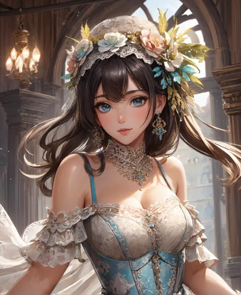 ((highest quality)),(ultra high resolution),(Super detailed),(detailed description),((best CG)),(best work of art),super precision art,great drawing art,(Fantasy art with precise details:1.5), (1 woman:1.6),(beautiful and well-shaped face:1.5),smile:1.7,(A very intricate and detailed floral dress:1.6),