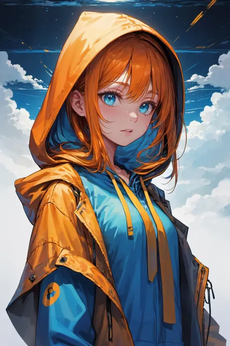 ((((best quality))), (((ultra detailed))), (((masterpiece))), illustration,(1girl:1.5),Perfect composition,Clear face, clear eyes,high res,
1girl, solo, very long hair, orange hair, medium breasts, floating hair,shiny skin, aqua eyes, beautiful eyes,upper body, serious,Silly hair,Yellow ribbon,
looking to the side, orange hoodie,blue tie,floating tie,hooded jacket, hood up, profile, Colored clouds, shopping mall