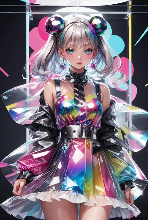 transparent color PVC clothing, transparent color vinyl clothing, prismatic, holographic, chromatic aberration, fashion illustration, masterpiece, girl with harajuku fashion, looking at viewer, 8k, ultra detailed, pixiv