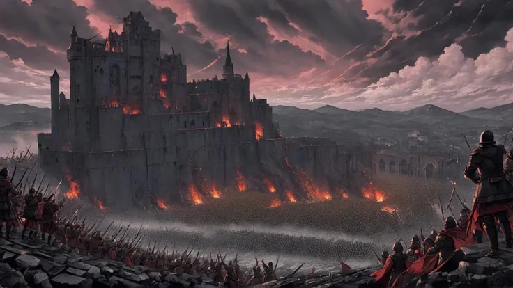 a destroyed castle, an army cheering for their victory, Berserk style, style of Kentaro Miura, monochromatic, manga, red sky, very grimy, very gloomy, extreme detailed, highest detailed, storm in the sky, fire around, mountains in the background, towers in ruin, steampunk
