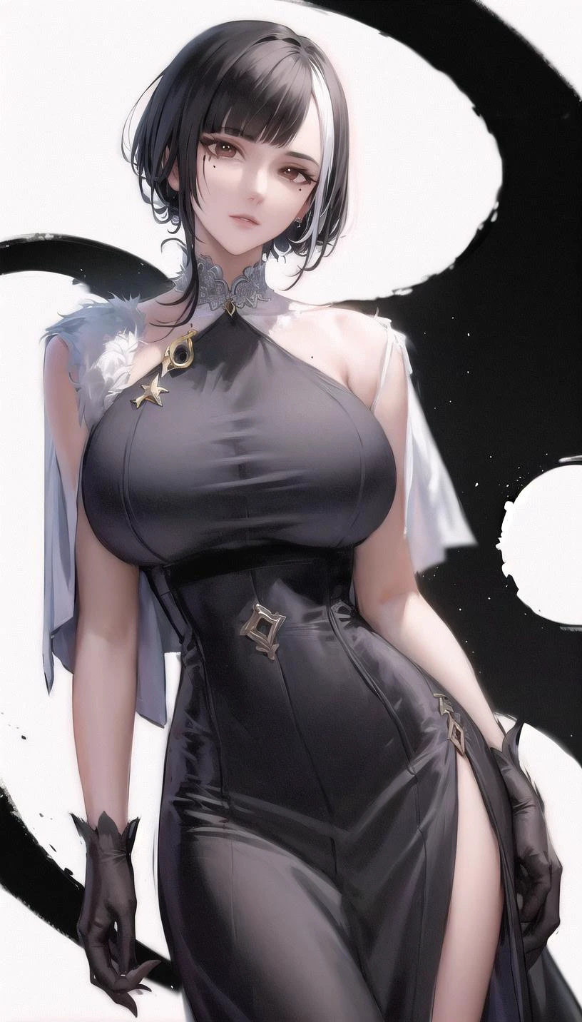 mole under eye,short hair-hairstyle,
(fashion:1.28),
lady,mature female, cowboy shot,
(white background,simple background:1.18),
highres,official art,original,masterpiece,best quality,
(huge breasts:0.8),
<lora:Sumire6:0.8>