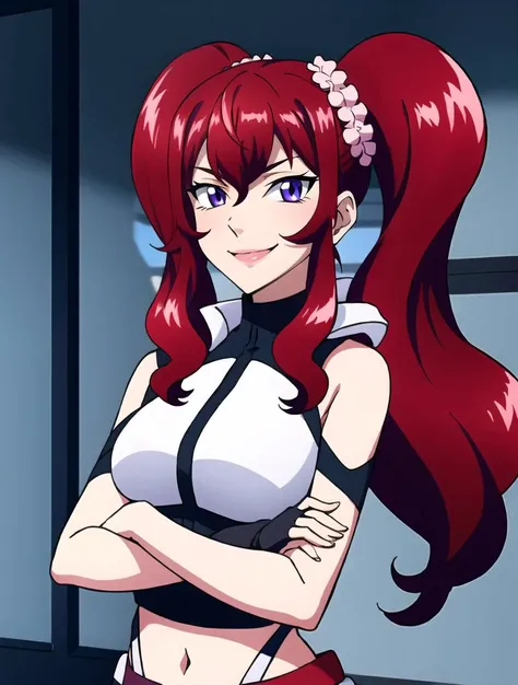 <lora:CrossAnge_HildegardSchlievogt:0.7> ,crimson hair, purple eyes, pinkhair bands,messy hair,evil smile