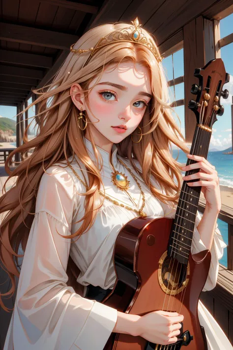 Skinny girl, little chest, brown curly long hair, suntanned skin, rainbow long dress , Brown eyes, Poet, guitar,