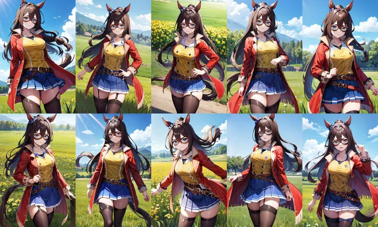 masterpiece, best quality, highres, aaelcondor, blue eyes, animal ears, hair between eyes, domino mask, horse tail, yellow shirt, red coat, belt, blue skirt, pleated skirt, thighhighs, <lora:el_condor_pasa_v1:0.7>, cowboy shot, standing, outdoors, field, straight-on,