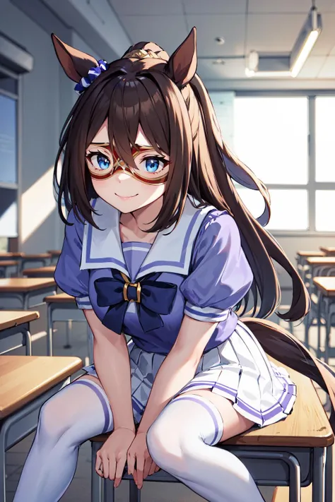 masterpiece, best quality, highres, aaelcondor, blue eyes, animal ears, hair between eyes, domino mask, horse tail, school uniform, sailor collar, bowtie, sailor shirt, purple shirt, puffy sleeves, short sleeves, white skirt, white thighhighs, <lora:el_condor_pasa_v1:0.7>, indoors, classroom, sitting, smile