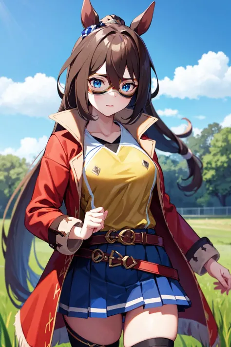 masterpiece, best quality, highres, aaelcondor, blue eyes, animal ears, hair between eyes, domino mask, horse tail, yellow shirt, red coat, belt, blue skirt, pleated skirt, thighhighs, cowboy shot, standing, outdoors, field, straight-on,, smile