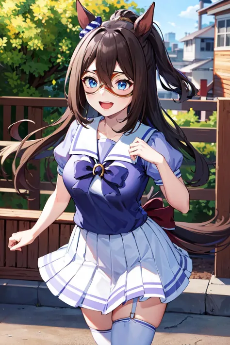 masterpiece, best quality, highres, aaelcondor, blue eyes, animal ears, hair between eyes, domino mask, horse tail, school uniform, sailor collar, bowtie, sailor shirt, purple shirt, puffy sleeves, short sleeves, white skirt, white thighhighs, <lora:el_condor_pasa_v1:0.7>, standing, cowboy shot, outdoors, building, smile, open mouth,