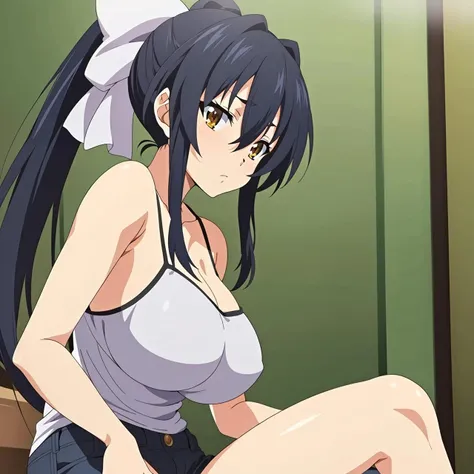 1girl, solo, kawasumi_saya, (large breasts:1.3), cowboy shot, sitting, from side, off shoulder, jeans, expressionless, thighs, long hair, looking at viewer, black hair, hair between eyes, brown eyes, ponytail, hair bow, white bow, park, <lora:Kawasumi_Saya_ChichiiroToikiV01:0.8>