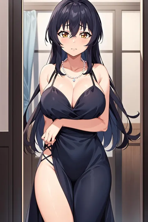 1girl, solo, kawasumi_saya, (large breasts:1.3), cowboy shot, evening gown, pearl necklace, standing, (embarrassed:1.2), blush, looking away, thighs, wavy hair, black hair, hair between eyes, brown eyes, palace <lora:Kawasumi_Saya_ChichiiroToikiV01:0.8:OUTALL>