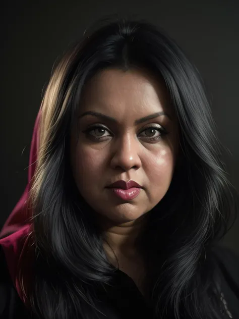 portrait photo of 35 years old Bangladeshi chubby mature woman  , <lora:parvin4u woman_v1:1.2>parvin4u woman,  long hair, black hair,   skin fang, looking at viewer, (solid dark grey background:1.3), eye level shoot, film grain, style by Flora Borsi