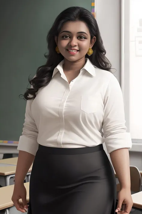 realistic, hdr, realism, parvin4u woman, chubby body, wearing a white office shirt, black long skirt, indoors, standing in a classroom, chalk board, holding a ruler, low angle shot, dynamic photo, smiling, bright colors, jazzy lighting,  <lora:parvin4u woman_v1:1>