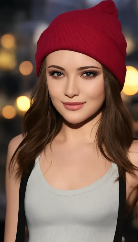 2000s,<lora:RetroFusion v1.0.0:1>, 1girl, upper body, camisole, looking at viewer, beanie, blurry background, city, shirt, long hair,