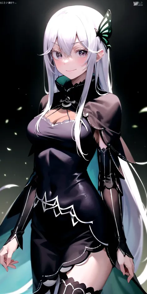 masterpiece, best quality, anime, 2d, 1girl, solo, (echidna_rezero), (colored eyelashes), cowboy shot, standing, smile, fantasy world<lyco:rezerowitches-25:1.0>