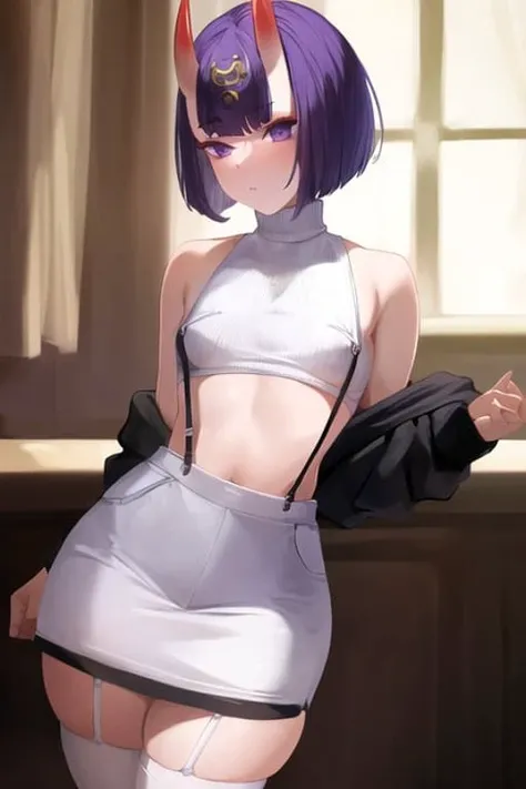 1girl, pov, intricate, masterpiece, absurdres, best quality, fully clothed, white turtleneck sweater, sweater, suspender skirt, skirt, oni horns, short hair, purple hair, purple eyes, small breasts, full body, standing, contrapposto,<lora:Shuten-000001:0.7>