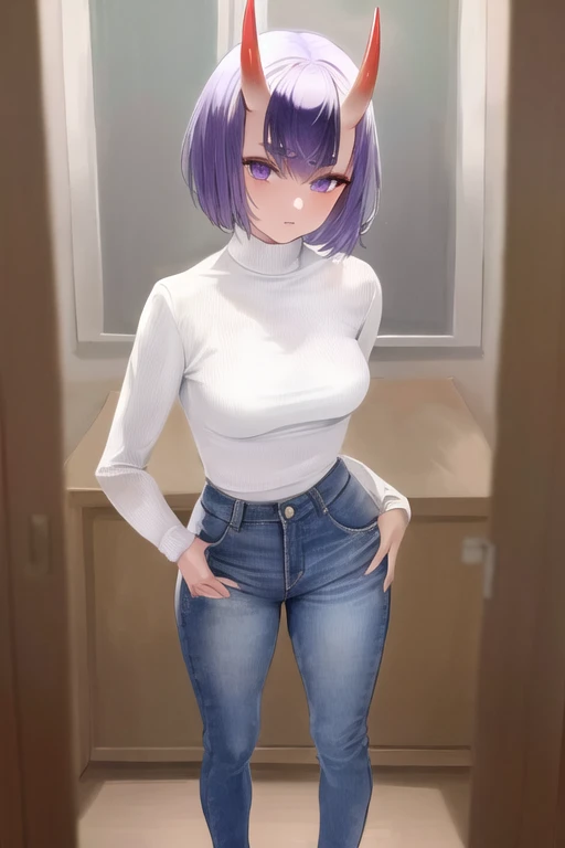 1girl, pov, intricate, masterpiece, absurdres, best quality, fully clothed, white turtleneck sweater, sweater, jeans, pants, skirt, oni horns, short hair, purple hair, purple eyes, small breasts, full body, standing, contrapposto,<lora:Shuten-000001:0.7>