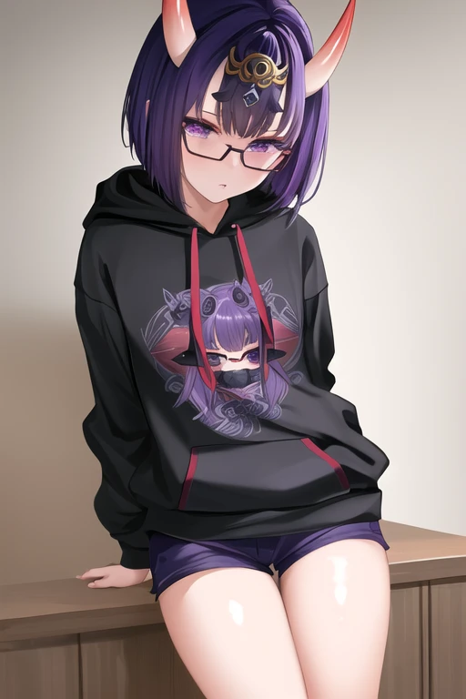 1girl, pov, intricate, masterpiece, absurdres, best quality, fully clothed, oni horns, purple hair, purple eyes, short hair, small breasts, petite, hoodie, short shorts, glasses, <lora:Shuten-000001:0.7>