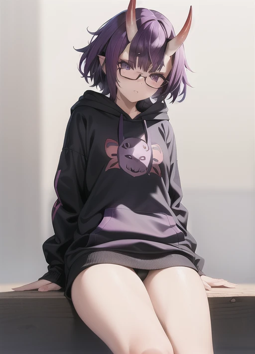 1girl, solo, intricate, masterpiece, highres, best quality, absurdres, best quality, (fully clothed), oni horns, purple hair, purple eyes, short hair, small breasts, petite, ((black hoodie)), glasses, <lora:Shuten-000001:0.8>