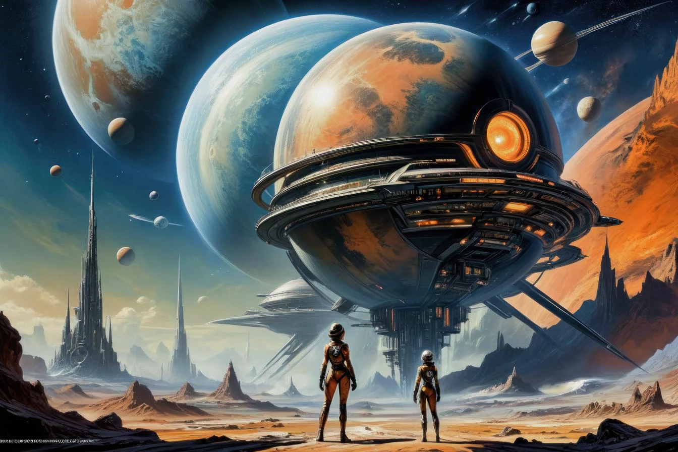 by Stephan Martiniere and Chiho Aoshima,.1950's pulp sci-fi female space cadet, giant gas planet background,.(professional poster art, bold lines:1.4),.(pulp sci-fi, beautiful, intricate details, masterpiece, best quality:1.4),.cinematic full body shot, dynamic pose,.pulp sci-fi poster art color palette,.dramatic and dynamic lighting,.<lora:add-detail-xl:1.0> <lora:xl_more_art-full_v1:0.5> <lora:looking_at_viewer:2> <lora:Scaleborn_SDXL:0.5><lora:CosmicLandscapes:1.0>.