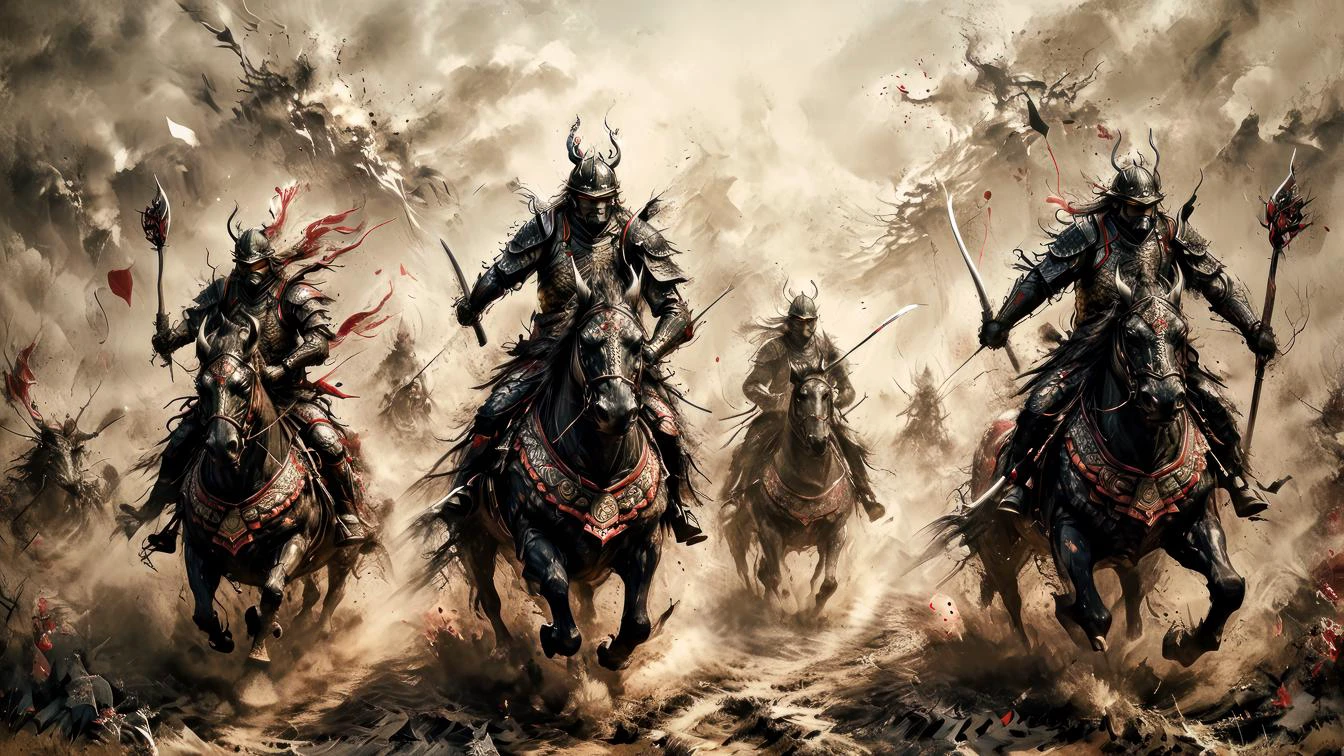 three armored samurai warriors charging on horseback, their banners flapping in the wind(art and illustration,, complex patterns:1.4),(aerial, fantastic, imaginative, beautiful, intricate details, masterpiece, best quality:1.4),wide angle view, full frame body shot, cinematic stilldramatic and dynamic lighting,, <xl_more_art-full_v1:0.72> <add-detail-xl:0.72> <Scaleborn_SDXL:0.84> <Desolation:0.84> <linquivera:0.64>