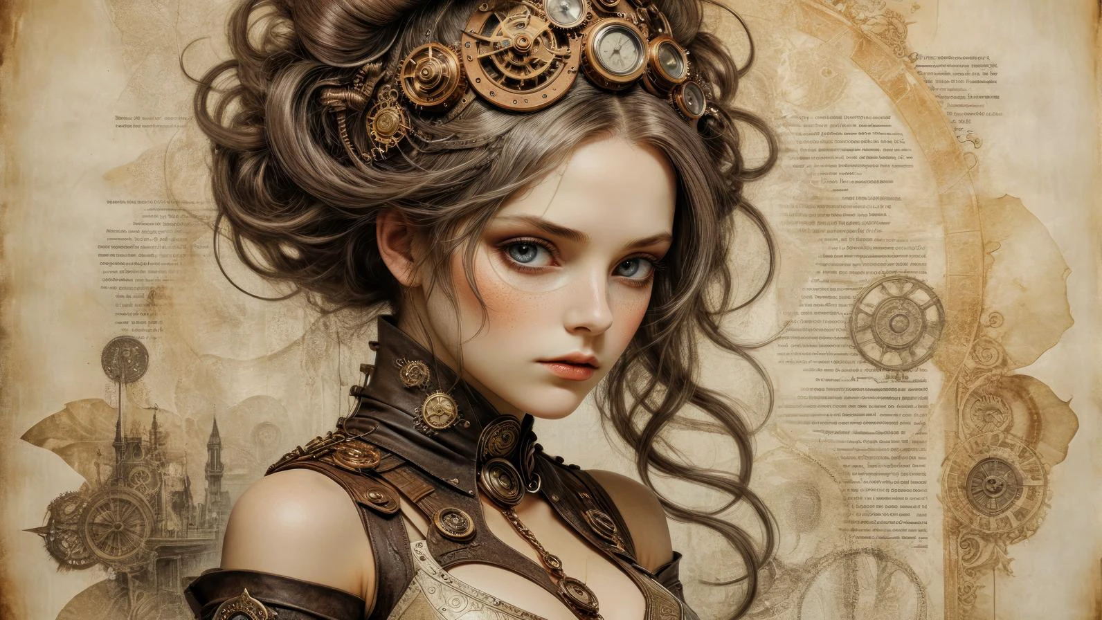 a steampunk woman, pinned hair, sad expression,.(mixed-media etching on pale old worn parchment:1.4).(fantasy, beautiful, intricate details, masterpiece, best quality:1.4),.cinematic full length shot,.monochromatic color palette,.soft volumetric lighting,.<lora:looking_at_viewer:2><lora:add-detail-xl:1.0><lora:xl_more_art-full_v1:0.5><lora:Scaleborn_SDXL:0.8><lora:linquivera:1.0>.