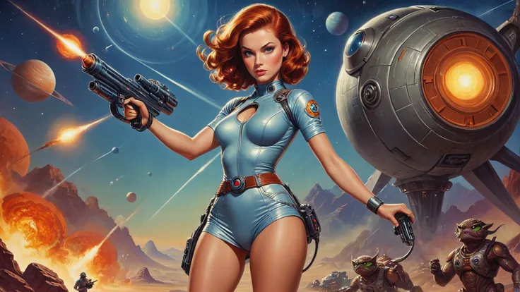 by David A. Hardy and Edward Blair Wilkins,.1950's pulp sci-fi female space cadet 1girl, defender of the galaxy, auburn hair, (short skirt:1.2), boots, holding a ray gun rifle giant gas planet background, bug-eyed monsters,.(professional poster art, bold lines:1.4),.(pulp sci-fi, beautiful, intricate details, masterpiece, best quality:1.4),.cinematic full body shot, dynamic pose,.pulp sci-fi poster art color palette,.dramatic and dynamic lighting,.<lora:add-detail-xl:1.0> <lora:xl_more_art-full_v1:0.5> <lora:looking_at_viewer:2> <lora:Scaleborn_SDXL:0.8><lora:CosmicLandscapes:1.0><lora:CosmicLandscapes:1.0>.