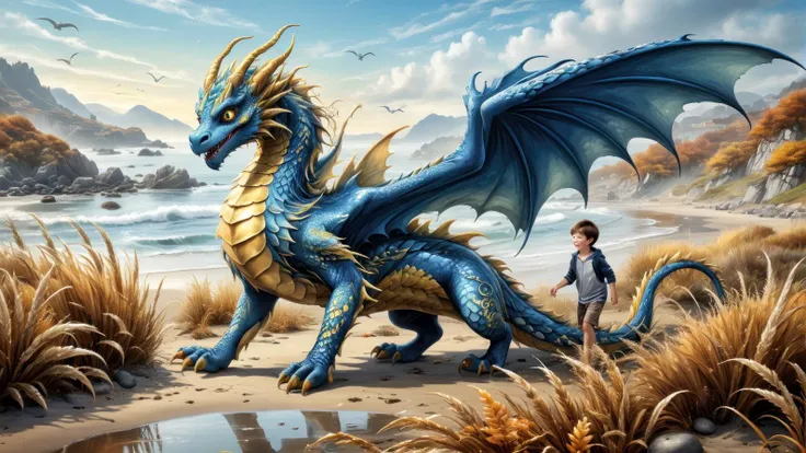 a friendly magical winged blue and gold dragon, lives by the sea, frolicking in the autumn mist, with a playmate,.(misty coastal beach and grasses, intricate background, extremely beautiful:1.4),.(illustration, poster art1.4).dynamic composition, dramatic and dynamic lighting, cinematic,.<lora:add-detail-xl:1> <lora:xl_more_art-full_v1:0.5><lora:Scaleborn_SDXL:1.0>.