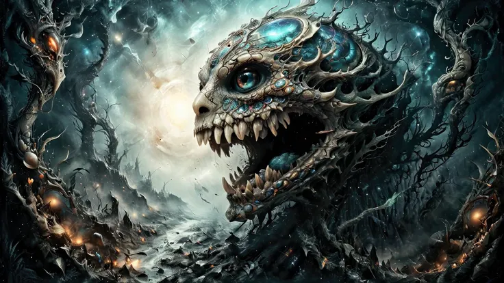 A surreal creature in space, a blend of ancient earth and bone, with multifaceted glowing irises and a mouth of sharp teeth(art and illustration,, complex patterns:1.4),(aerial, fantastic, surrealistic, imaginative, beautiful, intricate details, masterpiece, best quality:1.4),wide angle closeup, full frame body shot, cinematic stilldramatic and dynamic lighting,, <xl_more_art-full_v1:0.72> <add-detail-xl:0.72> <Scaleborn_SDXL:0.84> <Desolation:0.84> <linquivera:0.64>