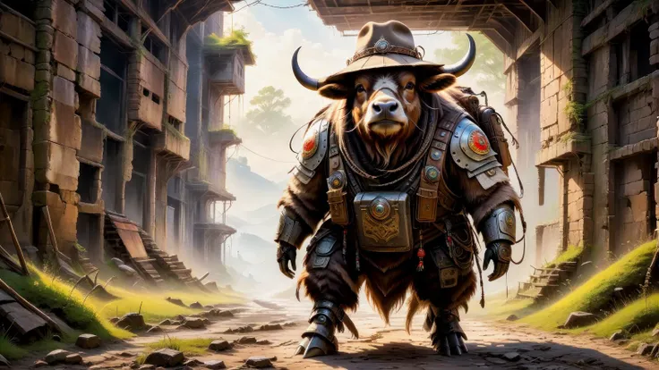 A (yak-robot hybrid:1.8) walking outdoors through abandoned ruins reclaimed by nature, wearing a backpack and stetson hat, dressed like Indiana Jones, .(poster art, concept art, bold lines, expressive:1.4),.(aerial, fantastic, imaginative, beautiful, intricate details, masterpiece, best quality:1.4),.dynamic pose, wide angle view, full frame body shot,.dramatic and dynamic lighting,.<lora:add-detail-xl:1> <lora:xl_more_art-full_v1:0.7> <lora:Scaleborn_SDXL:0.8> <lora:Jean-Baptiste Monge Style:1.0><lora:JuggerCineXL2:1.0>..